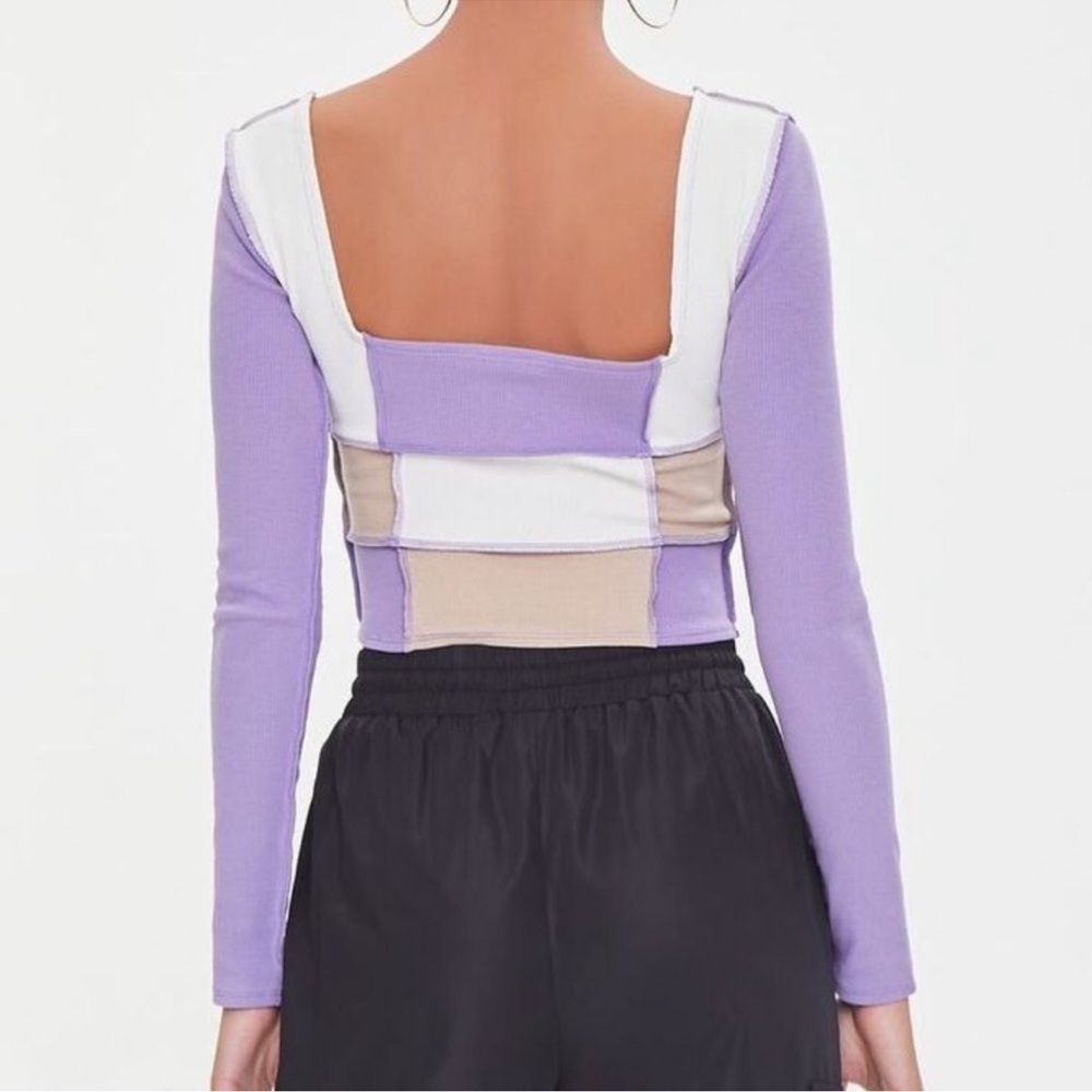 NWT Forever 21 Ribbed Colorblock Long Sleeve Crop Top Small 90s Y2K Square neck - Picture 4 of 8